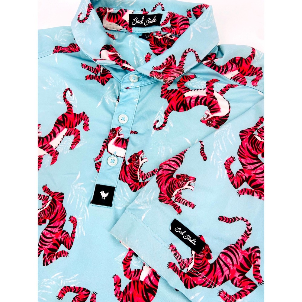 Bad Birdie Mens Golf‎ Polo Shirt Blue Pink Tiger Print Short Sleeve Size Large